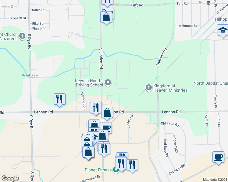 map of restaurants, bars, coffee shops, grocery stores, and more near 2440 Miami Beach Drive in Flint