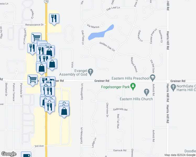 map of restaurants, bars, coffee shops, grocery stores, and more near 8210 Greiner Road in Buffalo