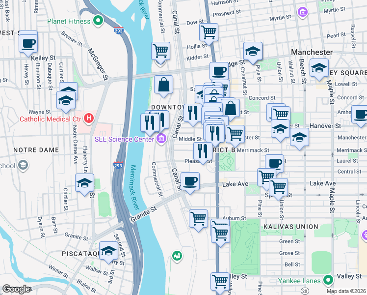 map of restaurants, bars, coffee shops, grocery stores, and more near 130 Middle Street in Manchester