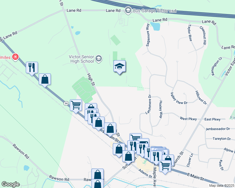 map of restaurants, bars, coffee shops, grocery stores, and more near 953 High Street in Victor