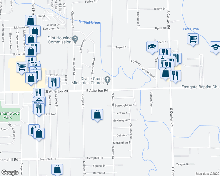 map of restaurants, bars, coffee shops, grocery stores, and more near 3291 East Atherton Road in Burton