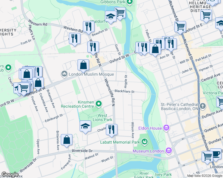 map of restaurants, bars, coffee shops, grocery stores, and more near 206 Wharncliffe Road North in London