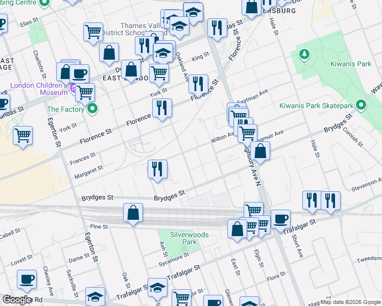 map of restaurants, bars, coffee shops, grocery stores, and more near 1227 Wilton Avenue in London