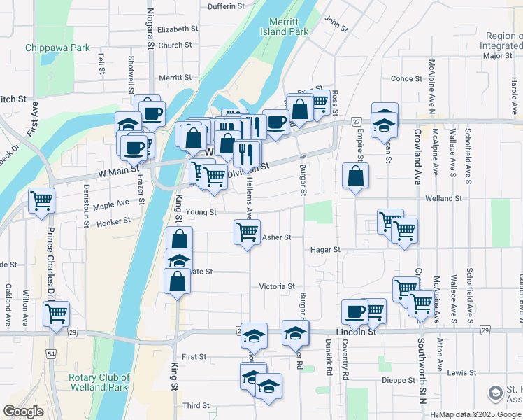 map of restaurants, bars, coffee shops, grocery stores, and more near 134 Young Street in Welland