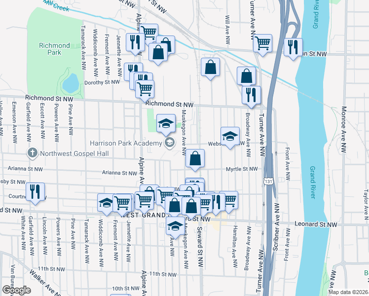 map of restaurants, bars, coffee shops, grocery stores, and more near 1475 Muskegon Avenue Northwest in Grand Rapids