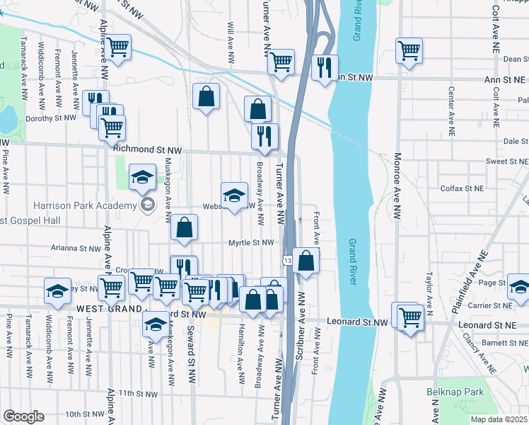 map of restaurants, bars, coffee shops, grocery stores, and more near 1442 Broadway Avenue Northwest in Grand Rapids