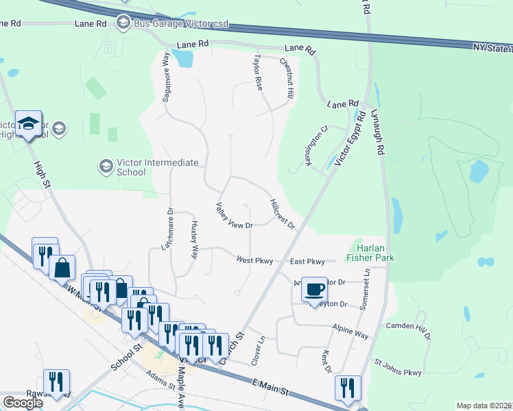 map of restaurants, bars, coffee shops, grocery stores, and more near 6 Valley View Circle in Victor