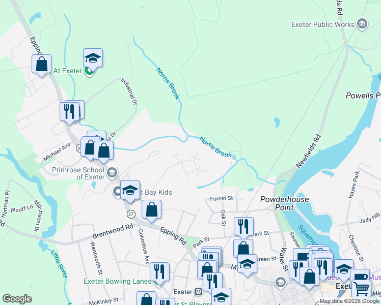 map of restaurants, bars, coffee shops, grocery stores, and more near 6 Brookside Drive in Exeter