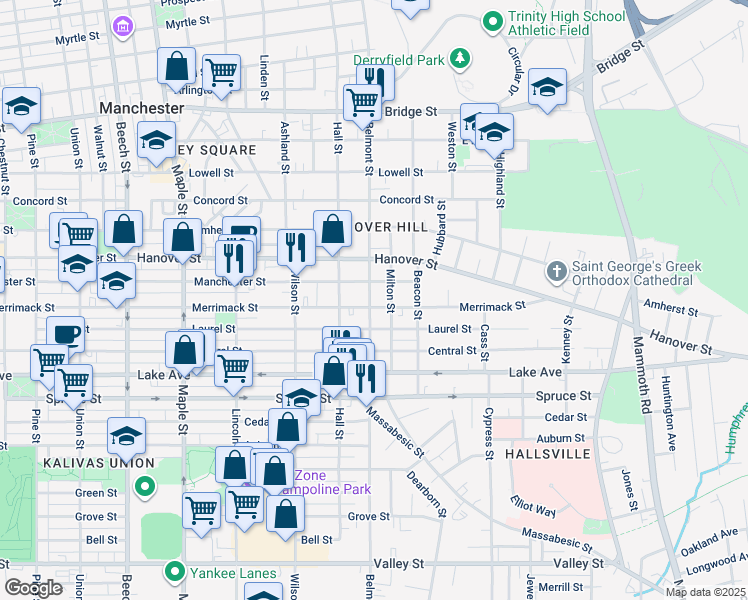 map of restaurants, bars, coffee shops, grocery stores, and more near 485 Manchester Street in Manchester