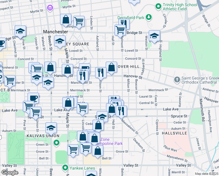 map of restaurants, bars, coffee shops, grocery stores, and more near 451 Manchester Street in Manchester