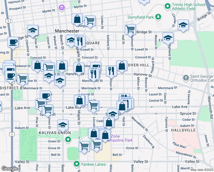 map of restaurants, bars, coffee shops, grocery stores, and more near 391 Manchester Street in Manchester