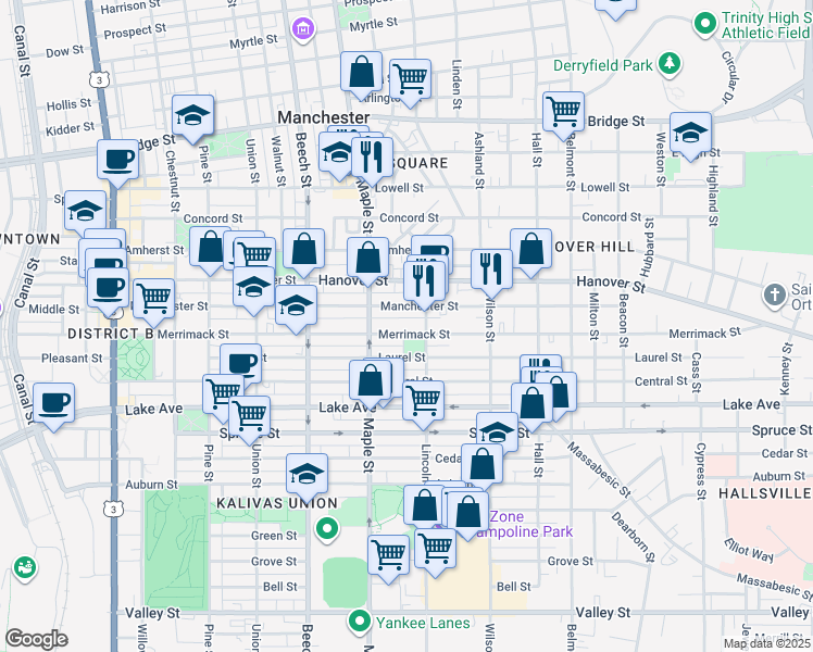 map of restaurants, bars, coffee shops, grocery stores, and more near 516 Lincoln Street in Manchester