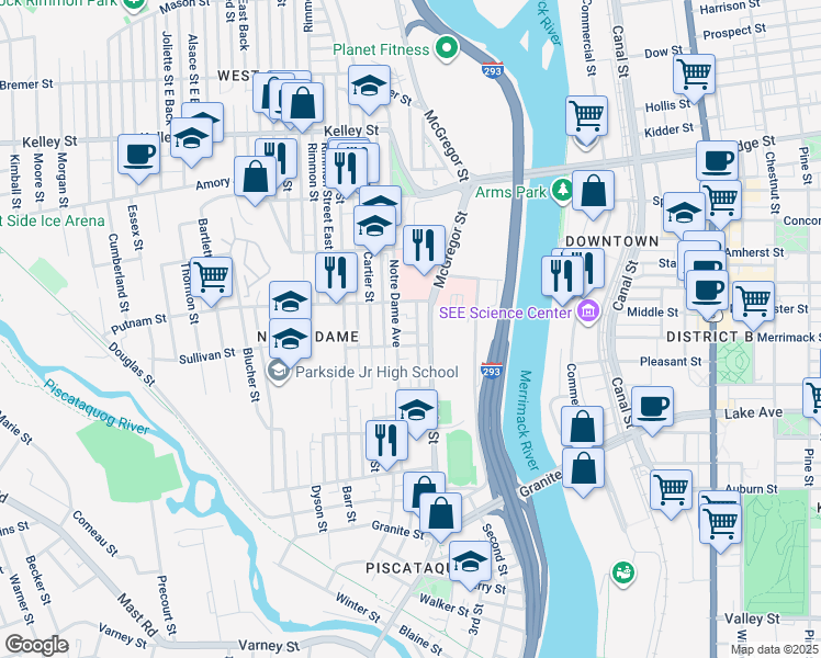 map of restaurants, bars, coffee shops, grocery stores, and more near 30 Putnam Street in Manchester