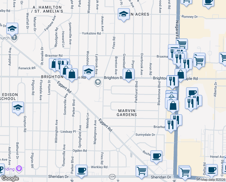 map of restaurants, bars, coffee shops, grocery stores, and more near 330 Wrexham Court in Tonawanda