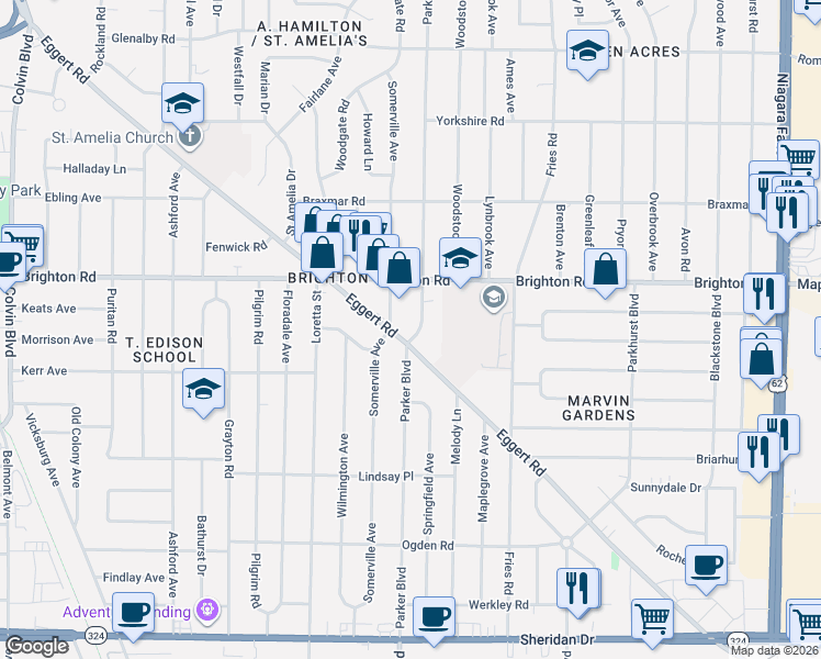 map of restaurants, bars, coffee shops, grocery stores, and more near 1858 Parker Boulevard in Tonawanda