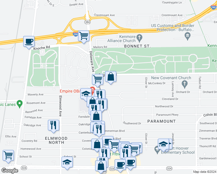 map of restaurants, bars, coffee shops, grocery stores, and more near 38 McConkey Drive in Buffalo