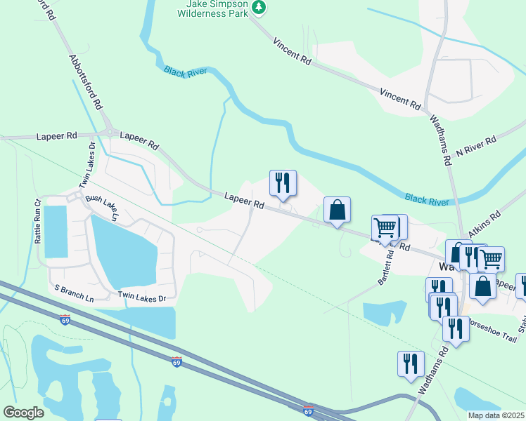 map of restaurants, bars, coffee shops, grocery stores, and more near 5629 Lapeer Road in Smiths Creek