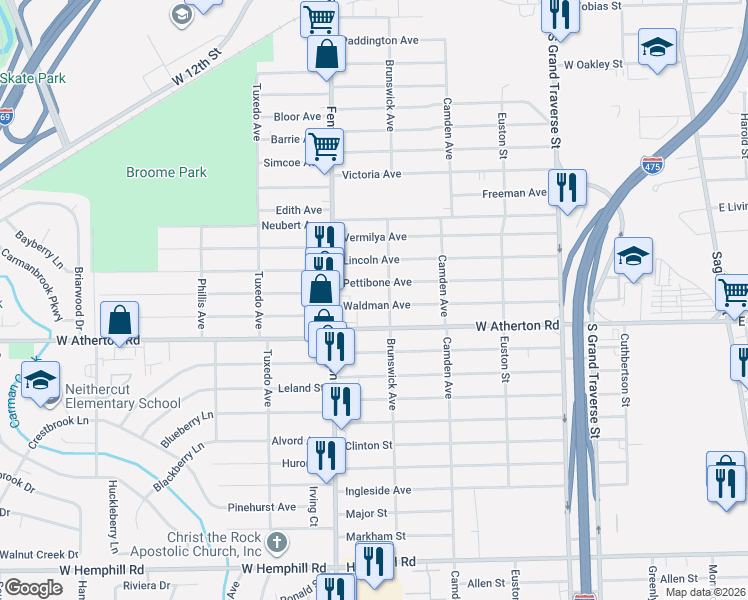 map of restaurants, bars, coffee shops, grocery stores, and more near 3602 Brunswick Avenue in Flint