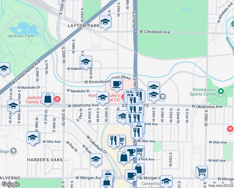 map of restaurants, bars, coffee shops, grocery stores, and more near 2801 West Kinnickinnic River Parkway in Milwaukee