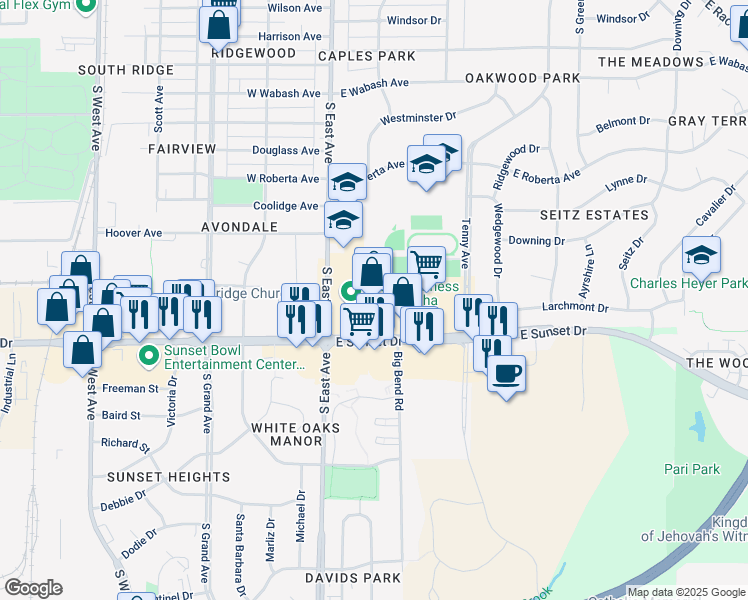 map of restaurants, bars, coffee shops, grocery stores, and more near 1205 South East Avenue in Waukesha