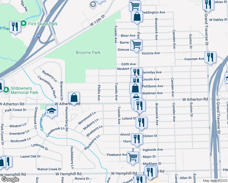 map of restaurants, bars, coffee shops, grocery stores, and more near 1205 Pettibone Avenue in Flint