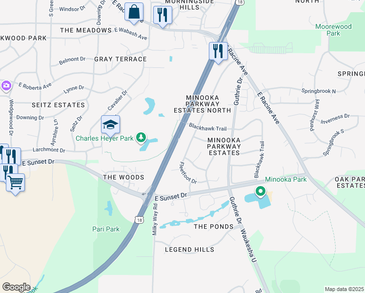 map of restaurants, bars, coffee shops, grocery stores, and more near 1212 Fleetfoot Drive in Waukesha