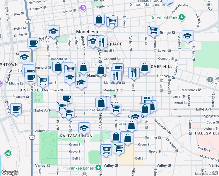 map of restaurants, bars, coffee shops, grocery stores, and more near 516 Lincoln Street in Manchester