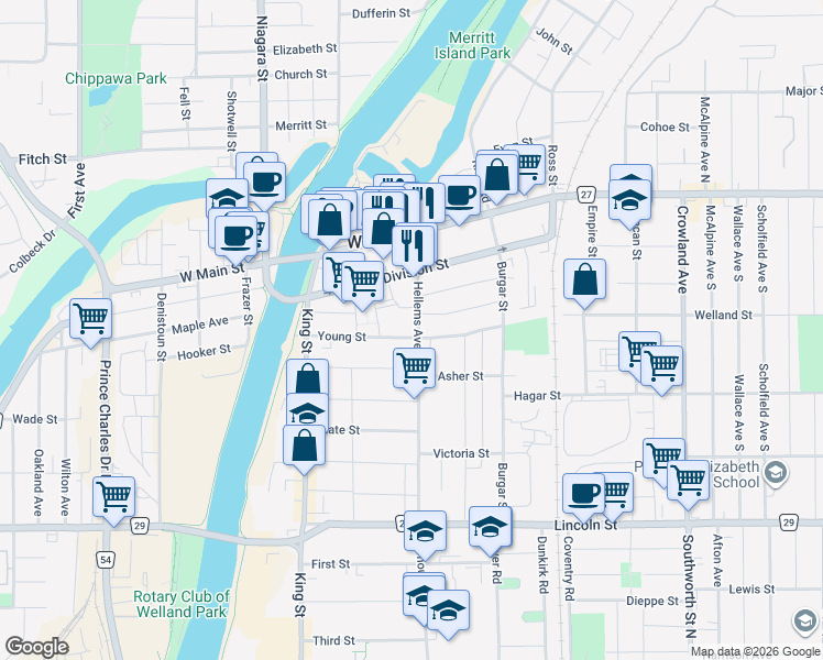 map of restaurants, bars, coffee shops, grocery stores, and more near 135 Hellems Avenue in Welland