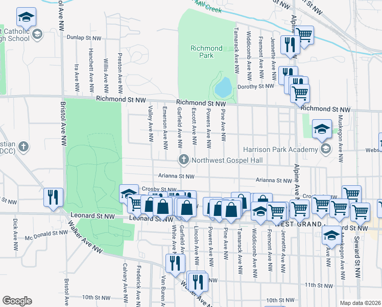map of restaurants, bars, coffee shops, grocery stores, and more near 1428 Escott Avenue Northwest in Grand Rapids