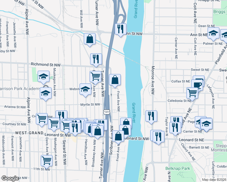 map of restaurants, bars, coffee shops, grocery stores, and more near 1450 Front Avenue Northwest in Grand Rapids