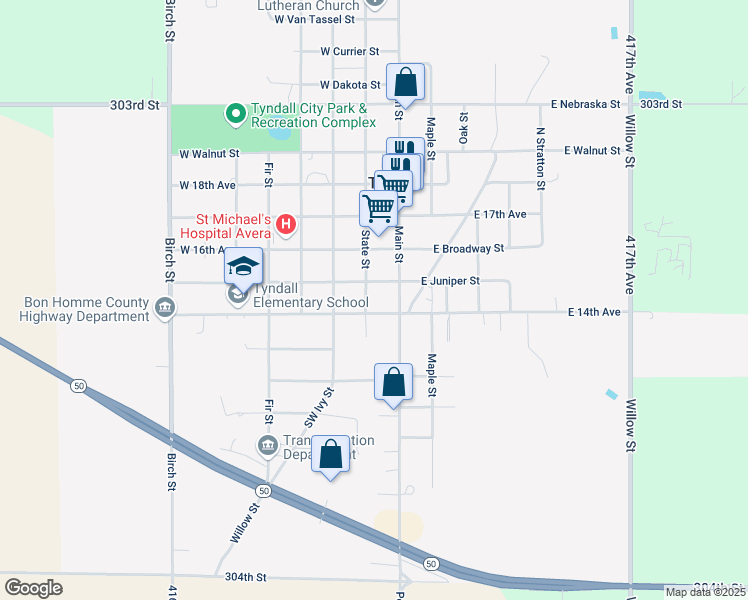 map of restaurants, bars, coffee shops, grocery stores, and more near 101-157 West Juniper Street in Tyndall