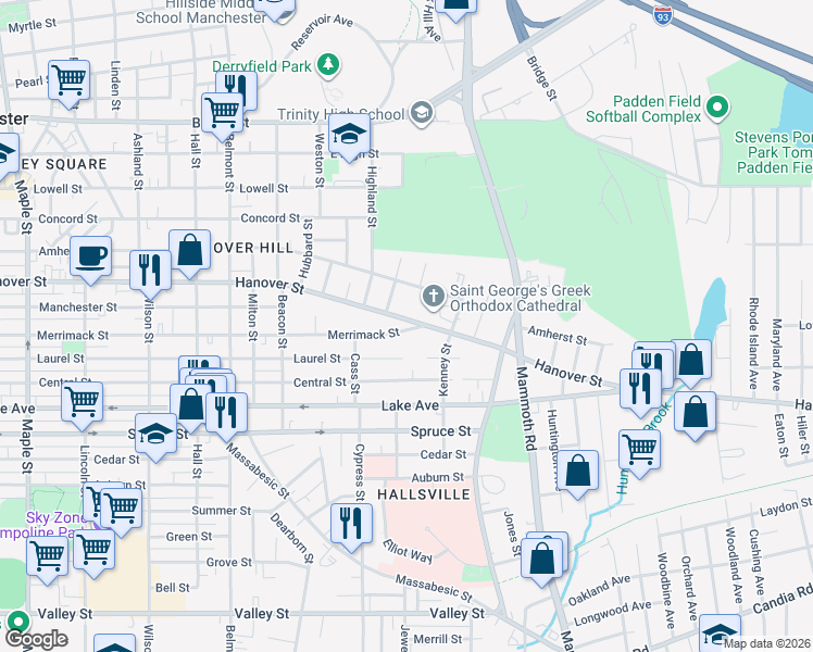 map of restaurants, bars, coffee shops, grocery stores, and more near 640 Hanover Street in Manchester
