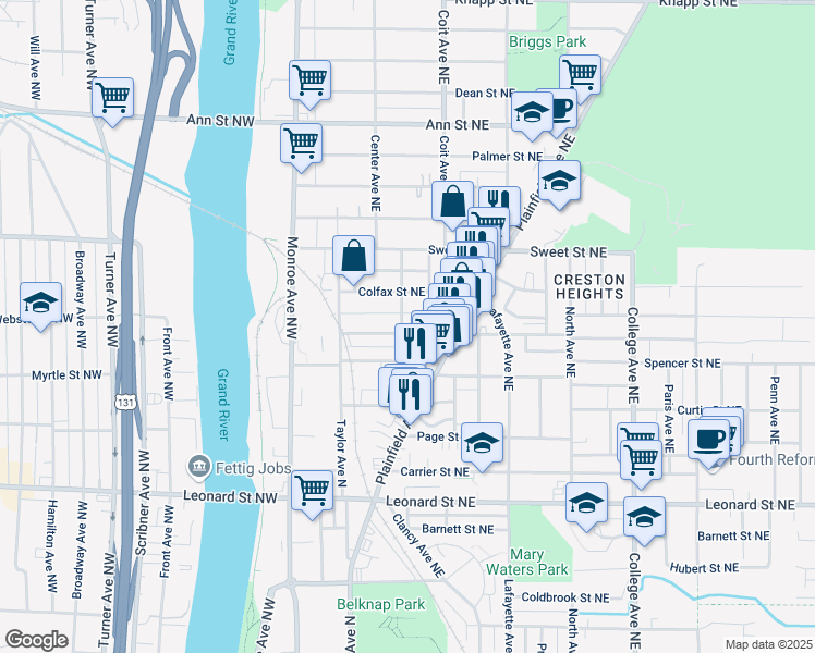 map of restaurants, bars, coffee shops, grocery stores, and more near 1515 Queen Avenue Northeast in Grand Rapids
