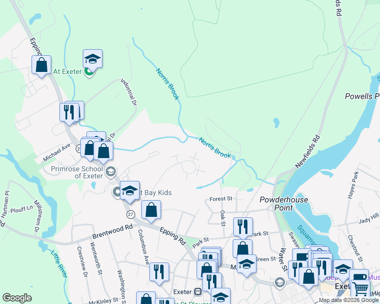 map of restaurants, bars, coffee shops, grocery stores, and more near 6 Brookside Drive in Exeter