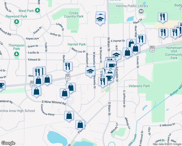 map of restaurants, bars, coffee shops, grocery stores, and more near 300 West Verona Avenue in Verona