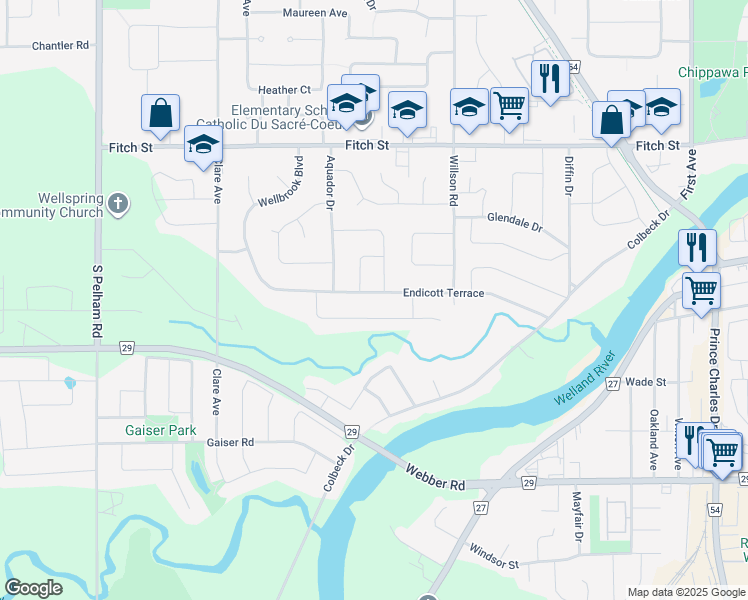 map of restaurants, bars, coffee shops, grocery stores, and more near 101 Endicott Terrace in Welland