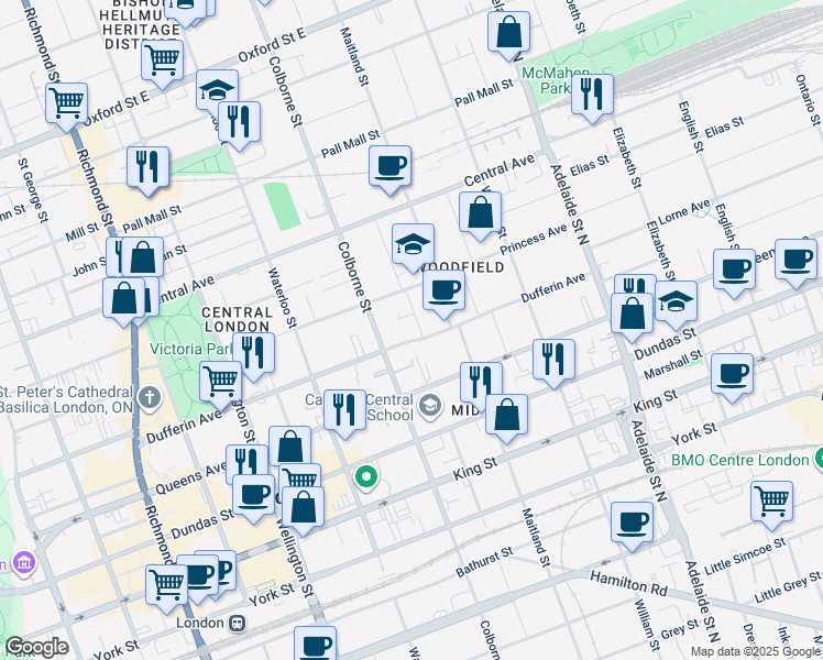 map of restaurants, bars, coffee shops, grocery stores, and more near 430 Dufferin Avenue in London