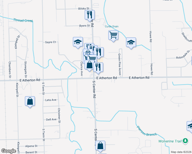 map of restaurants, bars, coffee shops, grocery stores, and more near 2510 Center Road in Burton