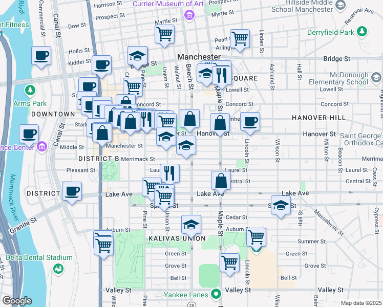 map of restaurants, bars, coffee shops, grocery stores, and more near 285 Manchester Street in Manchester