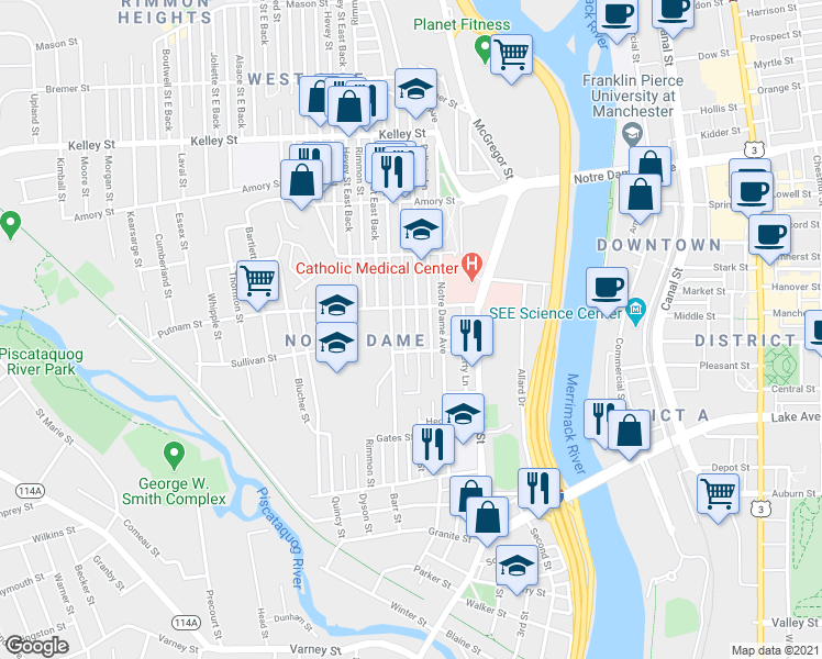 map of restaurants, bars, coffee shops, grocery stores, and more near 226 Cartier Street in Manchester