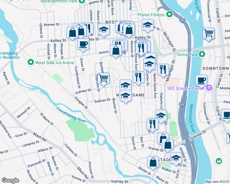 map of restaurants, bars, coffee shops, grocery stores, and more near 194 Putnam Street in Manchester
