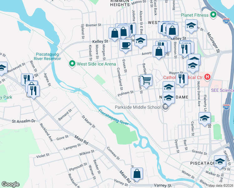 map of restaurants, bars, coffee shops, grocery stores, and more near 175 Kearsarge Street in Manchester