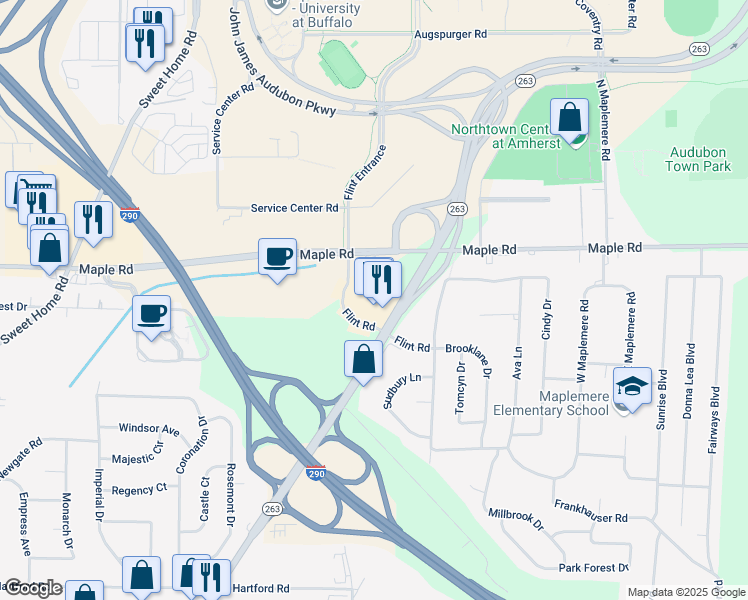 map of restaurants, bars, coffee shops, grocery stores, and more near 1430 Millersport Highway in Buffalo