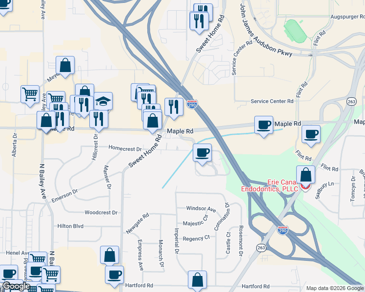 map of restaurants, bars, coffee shops, grocery stores, and more near 536 Homecrest Drive in Buffalo