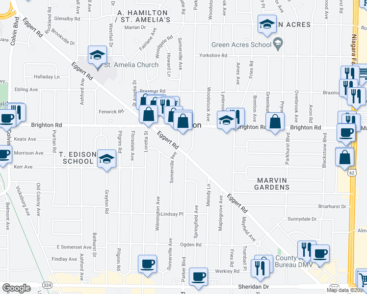 map of restaurants, bars, coffee shops, grocery stores, and more near 1858 Parker Boulevard in Tonawanda