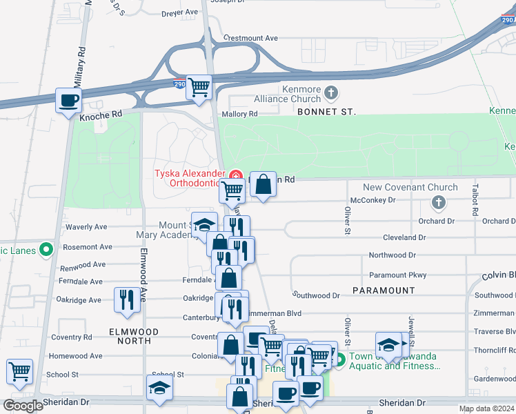 map of restaurants, bars, coffee shops, grocery stores, and more near 38 McConkey Drive in Buffalo