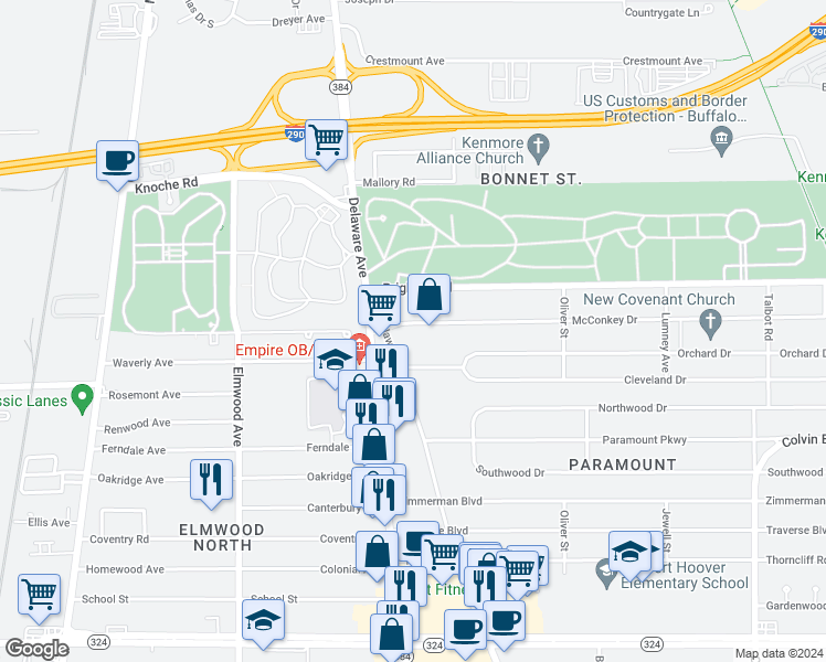 map of restaurants, bars, coffee shops, grocery stores, and more near 38 McConkey Drive in Buffalo