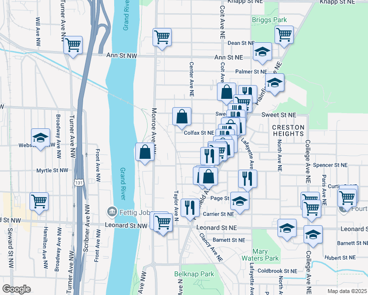 map of restaurants, bars, coffee shops, grocery stores, and more near 6 Mathews Court Northeast in Grand Rapids