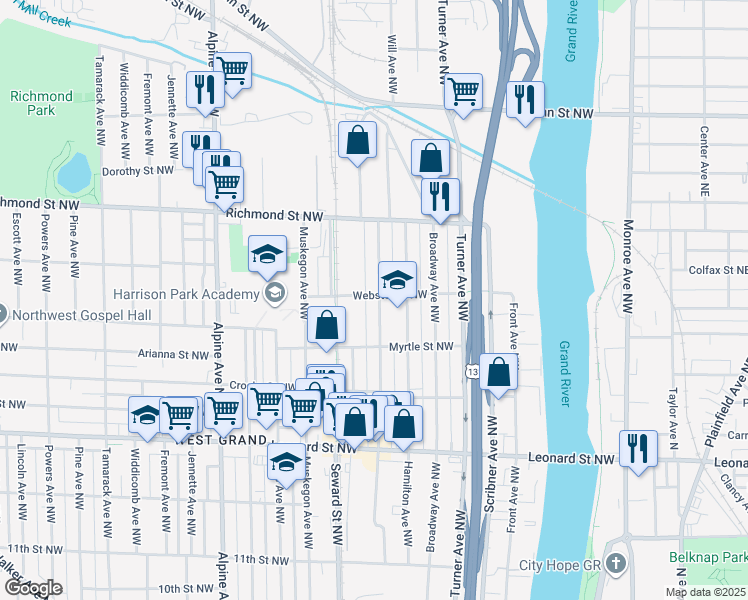 map of restaurants, bars, coffee shops, grocery stores, and more near 1501 Quarry Avenue Northwest in Grand Rapids