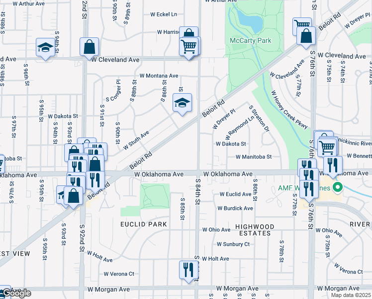 map of restaurants, bars, coffee shops, grocery stores, and more near 8615 Beloit Road in West Allis